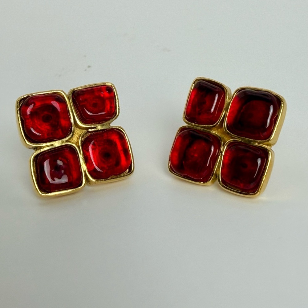 Vintage Chanel Red Gripoix Earrings 24K Gold Plated